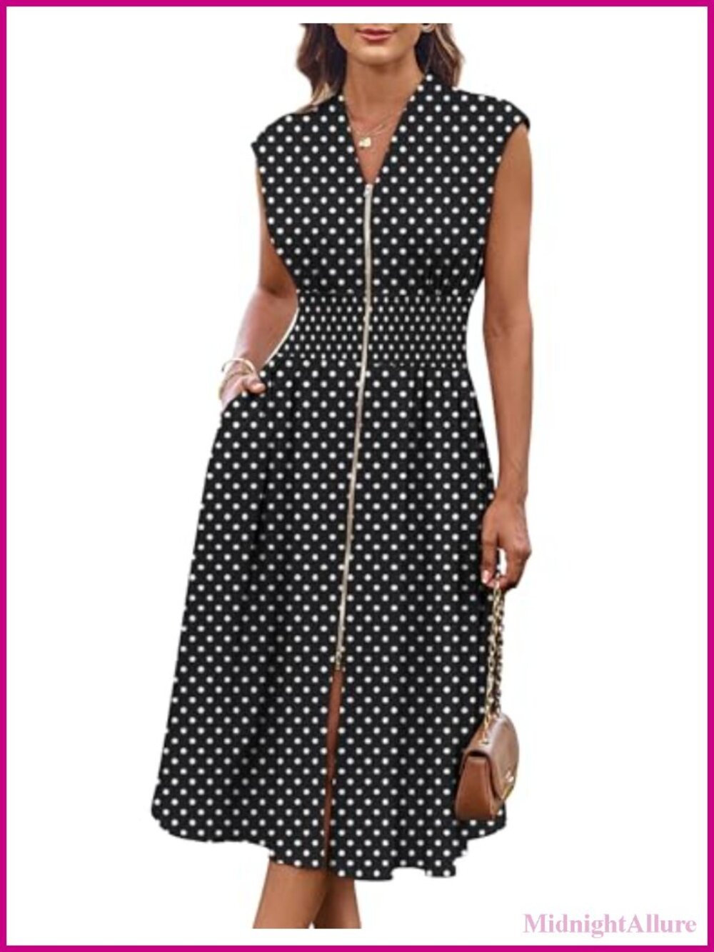 Womens Sleeveless High Waist A-Line Midi Dress with Pockets & Zipper